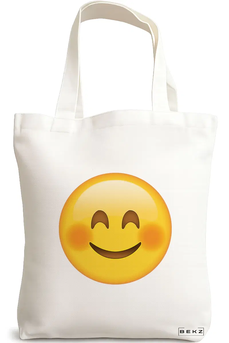 Sacosa Cumparaturi Textila, Geanta Tote, model Smiling Emoji, 38x34.5 cm, Alba, BEKZ®