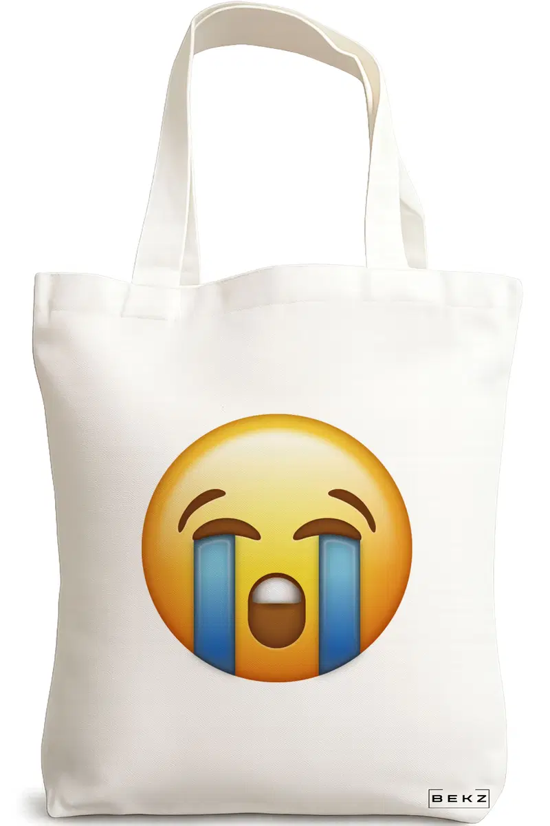Sacosa Cumparaturi Textila, Geanta Tote, model Crying Emoji, 38x34.5 cm, Alba, BEKZ®