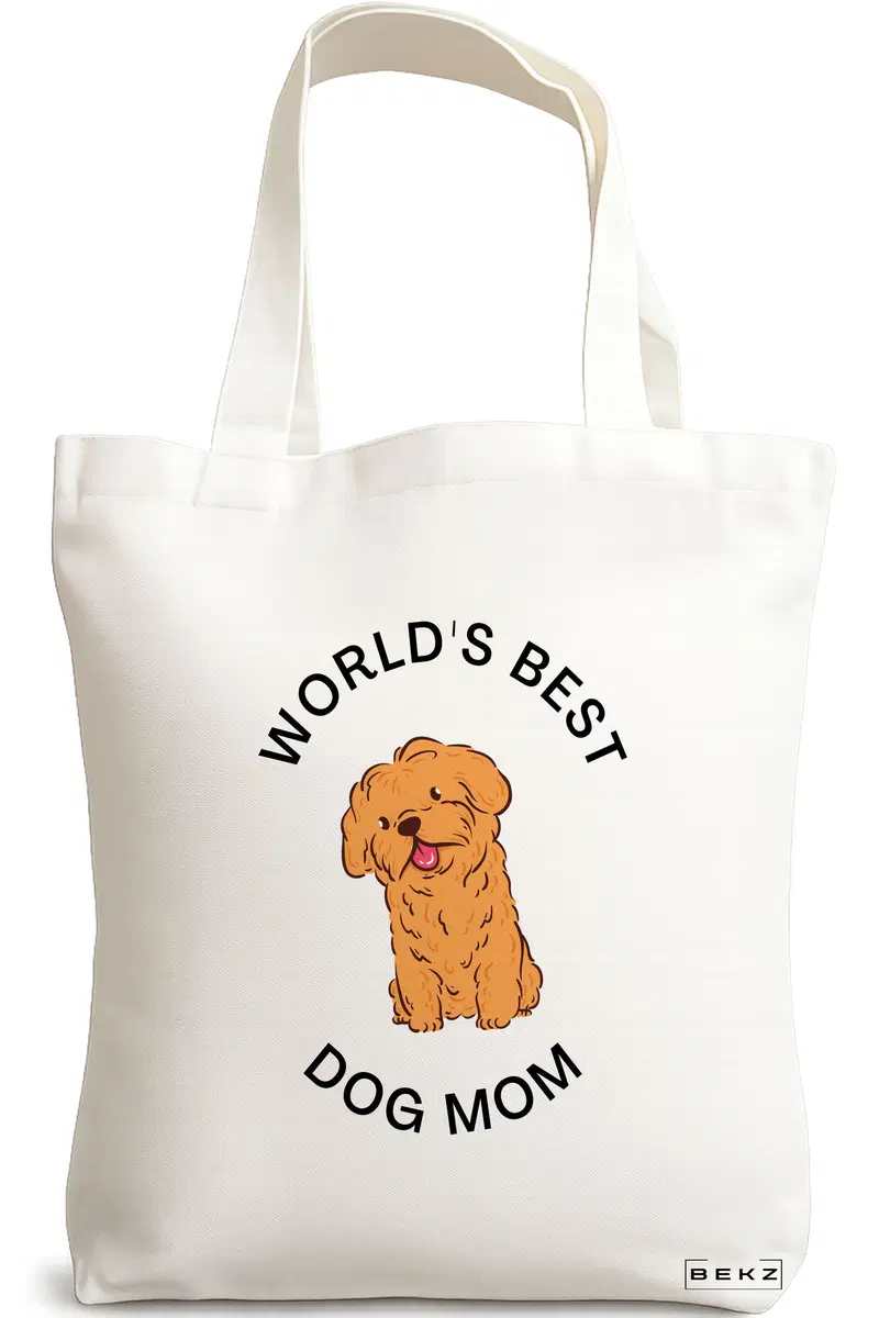 Sacosa Cumparaturi Textila, Geanta Tote, model World's best dog mom, 38x34.5 cm, Alba, BEKZ®