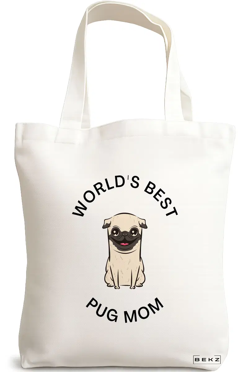 Sacosa Cumparaturi Textila, Geanta Tote, model World's best pug mom, 38x34.5 cm, Alba, BEKZ®
