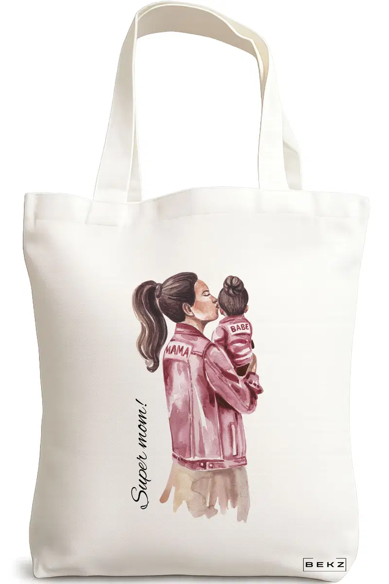 Sacosa Cumparaturi Textila, Geanta Tote, model Super Mom 2, 38x34.5 cm, Alba, BEKZ®