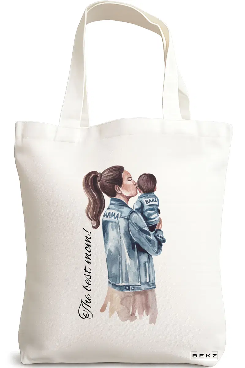 Sacosa Cumparaturi Textila, Geanta Tote, model The best mom, 38x34.5 cm, Alba, BEKZ®