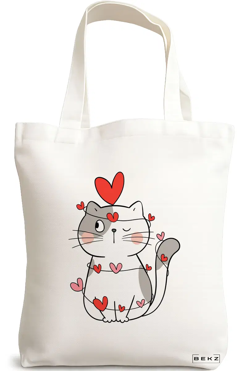 Sacosa Cumparaturi Textila, Geanta Tote, model Kitty Love, 38x34.5 cm, Alba, BEKZ®
