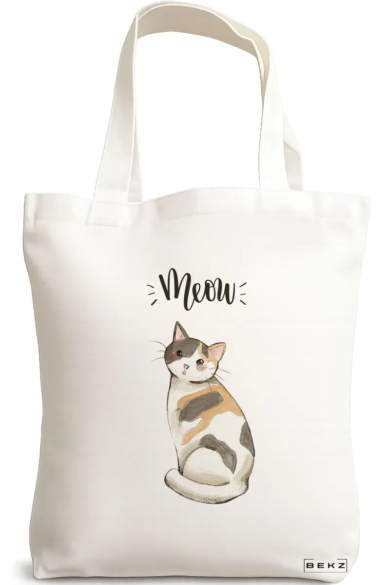 Sacosa Cumparaturi Textila, Geanta Tote, model Meow 2, 38x34.5 cm, Alba, BEKZ®