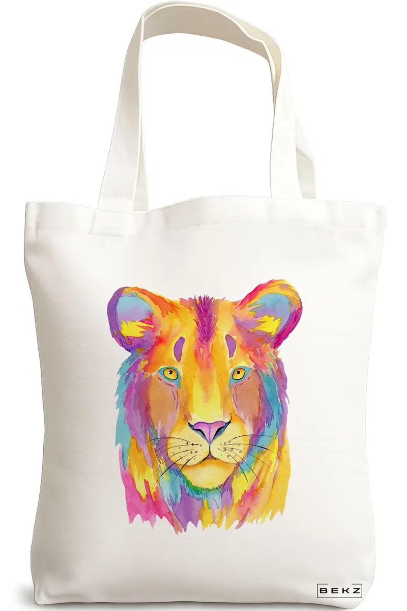 Sacosa Cumparaturi Textila, Geanta Tote, model Watercolor Lion, 38x34.5 cm, Alba, BEKZ®