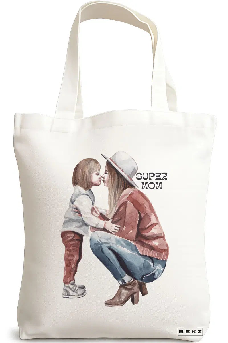 Sacosa Cumparaturi Textila, Geanta Tote, model Super mom 3, 38x34.5 cm, Alba, BEKZ®