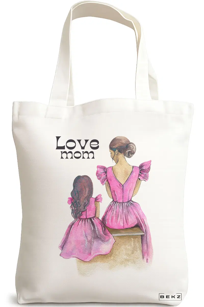 Sacosa Cumparaturi Textila, Geanta Tote, model Love Mom, 38x34.5 cm, Alba, BEKZ®