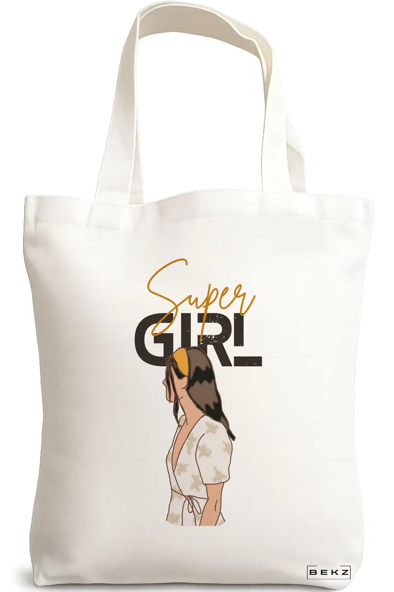Sacosa Cumparaturi Textila, Geanta Tote, model Super Girl, 38x34.5 cm, Alba, BEKZ®