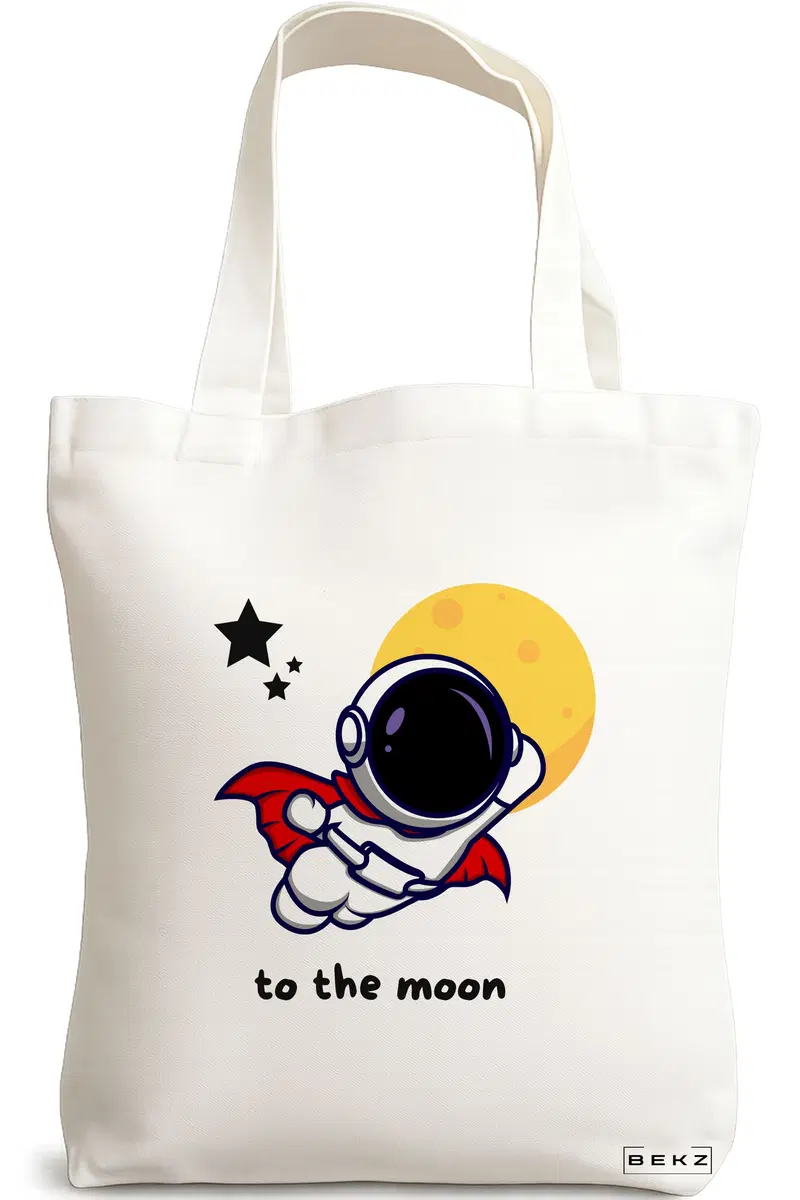 Sacosa Cumparaturi Textila, Geanta Tote, model To the moon, 38x34.5 cm, Alba, BEKZ®