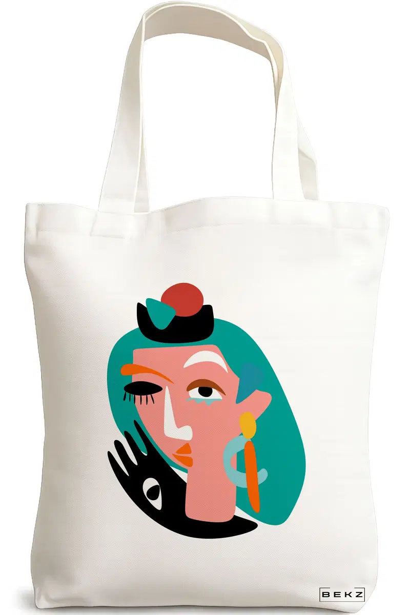 Sacosa Cumparaturi Textila, Geanta Tote, model Abstract face, 38x34.5 cm, Alba, BEKZ®