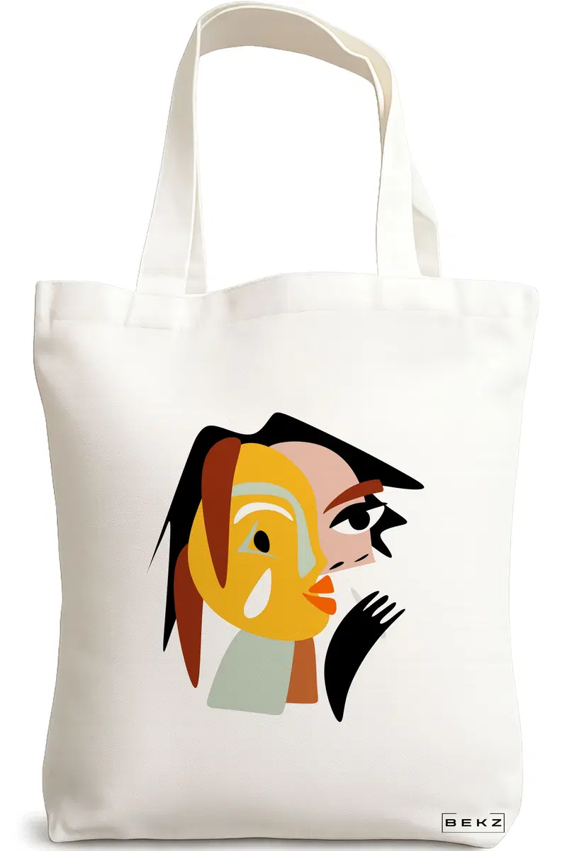 Sacosa Cumparaturi Textila, Geanta Tote, model Abstract face 2, 38x34.5 cm, Alba, BEKZ®