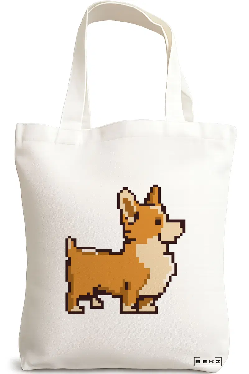 Sacosa Cumparaturi Textila, Geanta Tote, model 8bit Doggo, 38x34.5 cm, Alba, BEKZ®