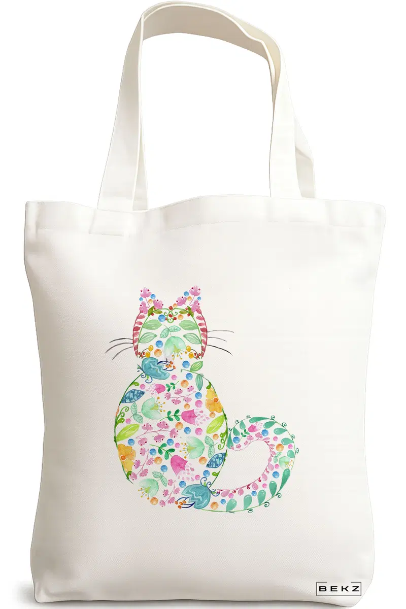 Sacosa Cumparaturi Textila, Geanta Tote, model Floral Cat, 38x34.5 cm, Alba, BEKZ®