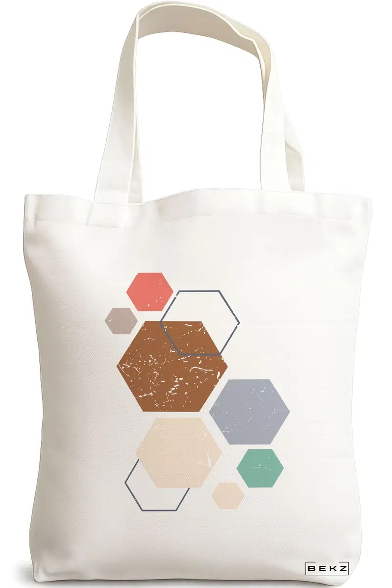 Sacosa Cumparaturi Textila, Geanta Tote, model Hexagons Pattern, 38x34.5 cm, Alba, BEKZ®