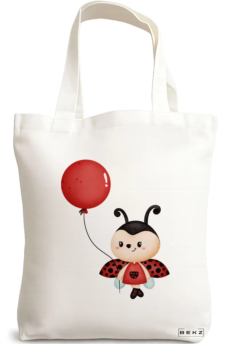 Sacosa Cumparaturi Textila, Geanta Tote, model Ladybug, 38x34.5 cm, Alba, BEKZ®