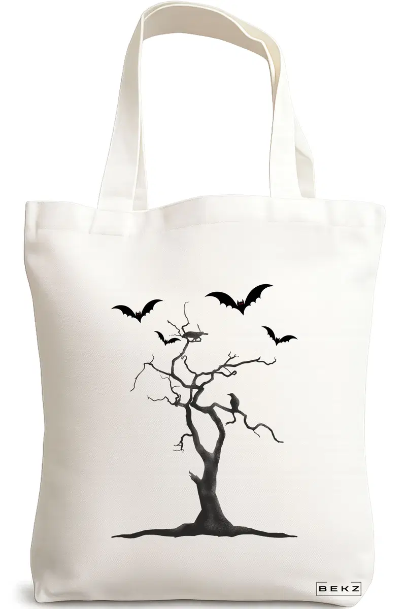 Sacosa Cumparaturi Textila, Geanta Tote, model The Haunted Tree, 38x34.5 cm, Alba, BEKZ®