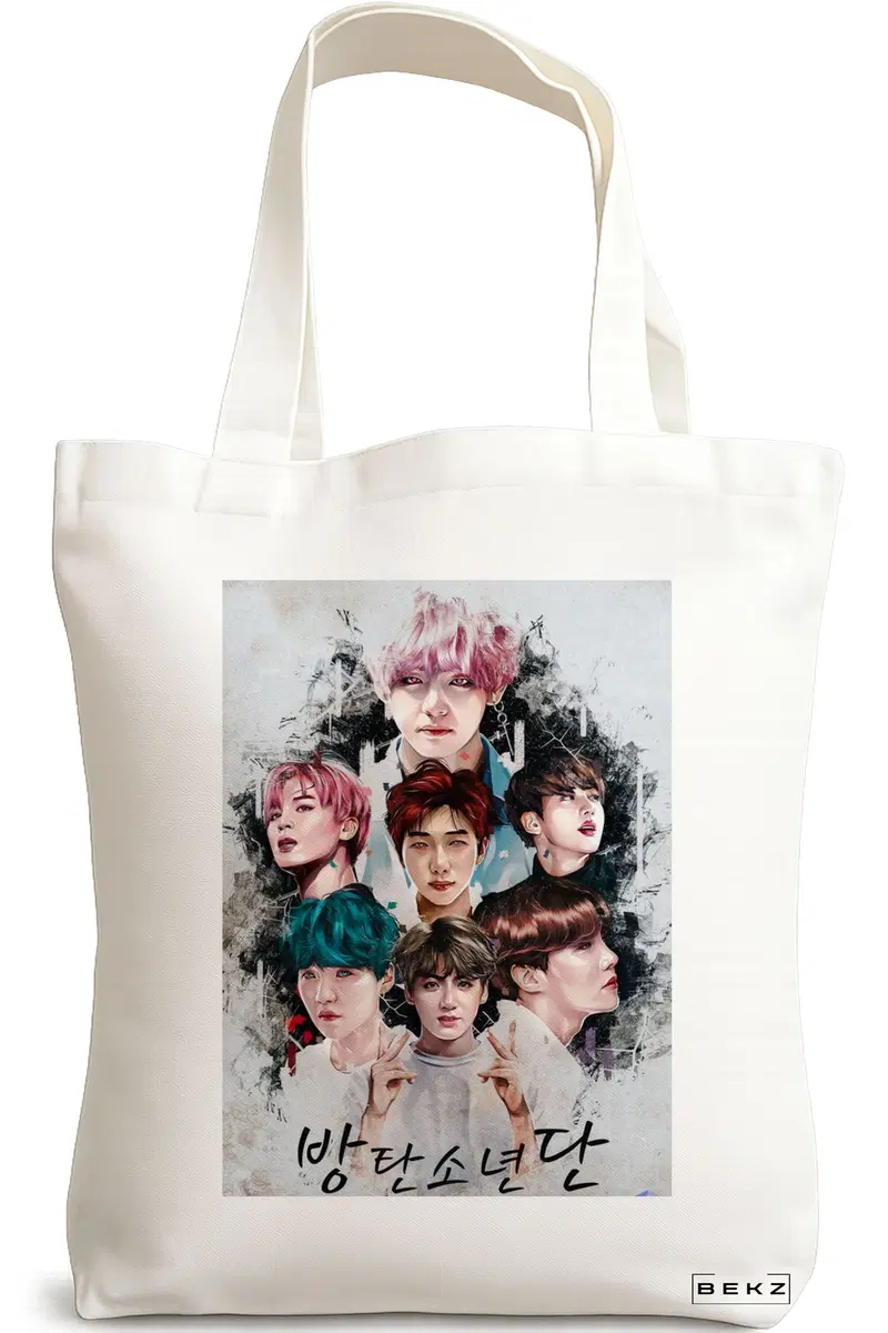 Sacosa Cumparaturi Textila, Geanta Tote, model BTS Army 3, 38x34.5 cm, Alba, BEKZ®