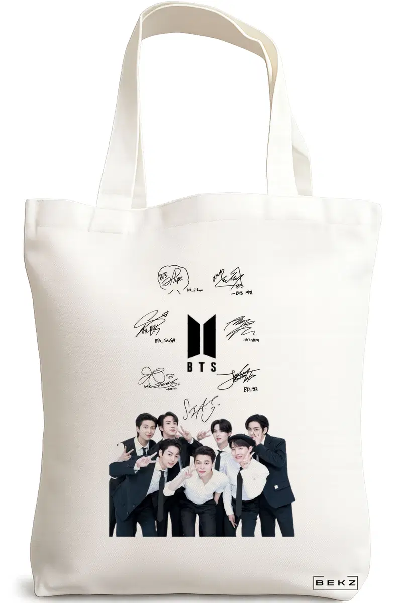 Sacosa Cumparaturi Textila, Geanta Tote, model BTS Army 6 cu semnaturii, 38x34.5 cm, Alba, BEKZ®