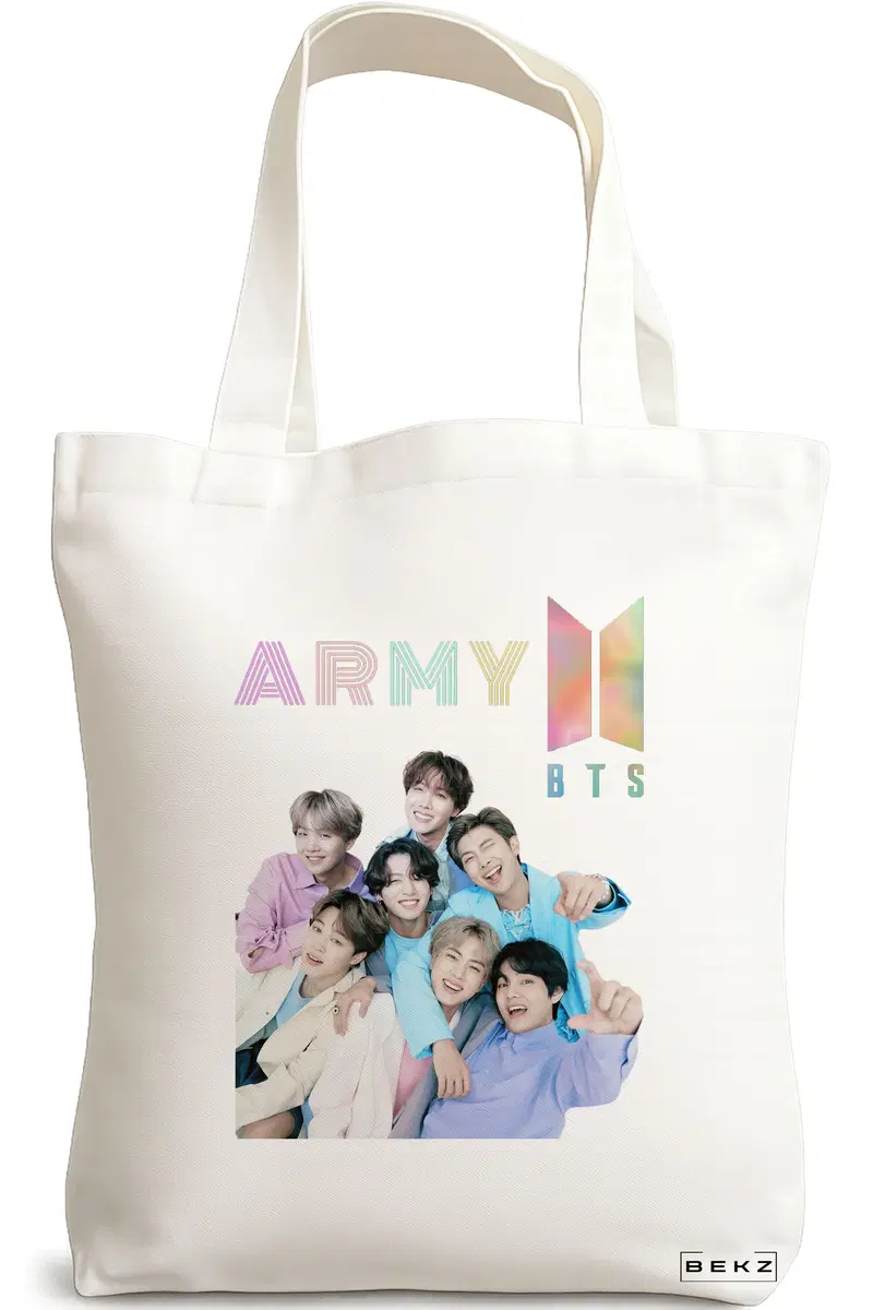 Sacosa Cumparaturi Textila, Geanta Tote, model BTS Army 7, 38x34.5 cm, Alba, BEKZ®