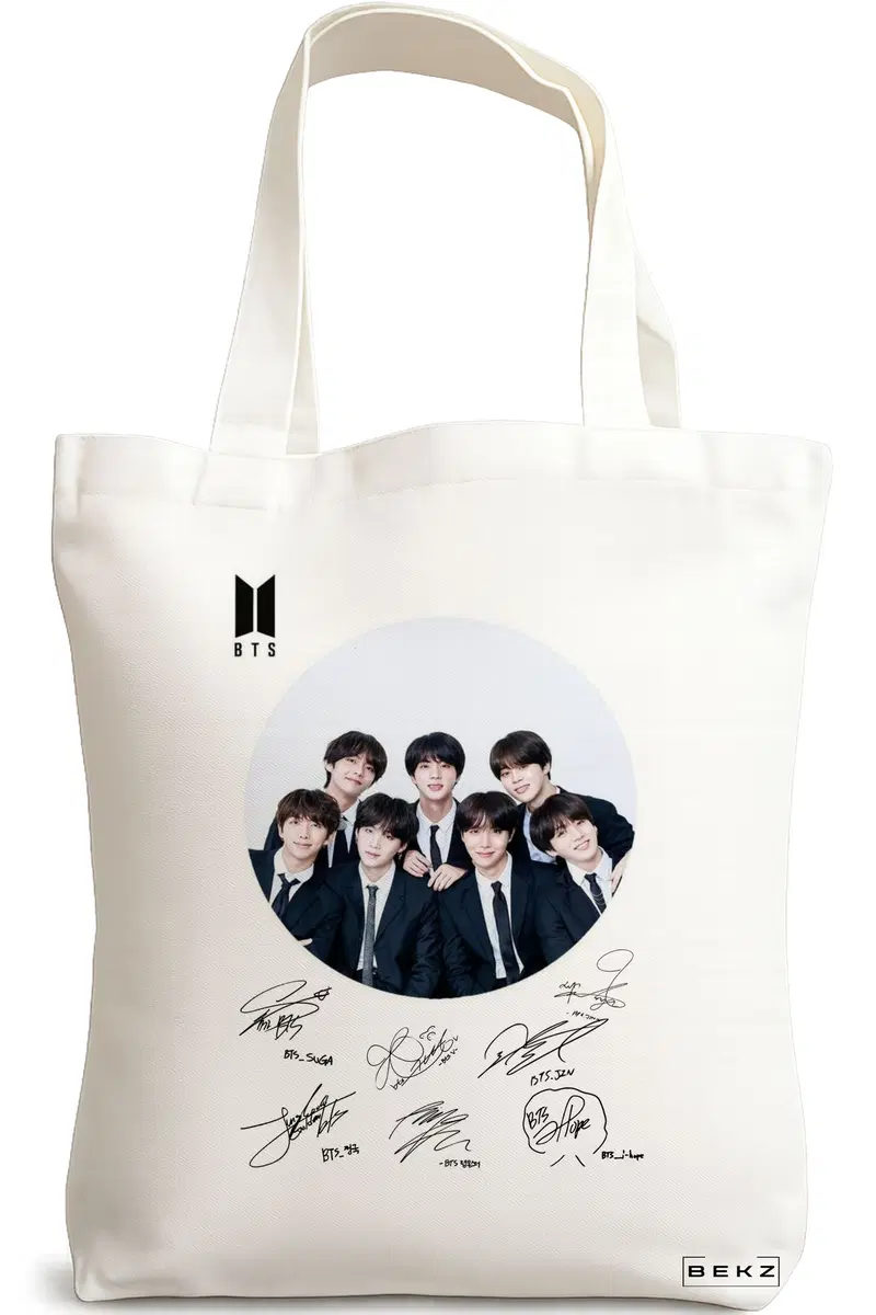 Sacosa Cumparaturi Textila, Geanta Tote, model BTS Army 8 cu semnaturii, 38x34.5 cm, Alba, BEKZ®