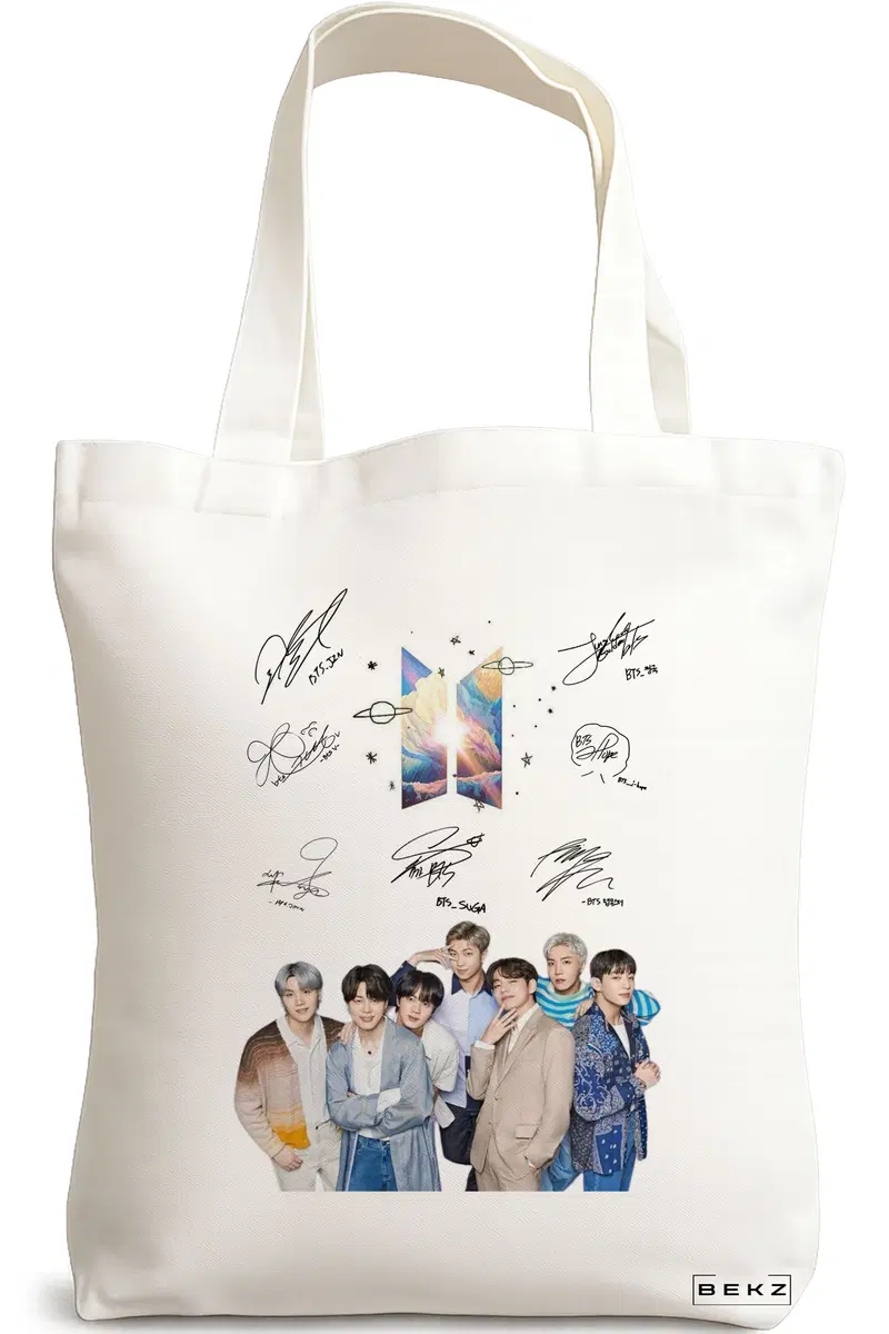 Sacosa Cumparaturi Textila, Geanta Tote, model BTS Army 9 cu semnaturii, 38x34.5 cm, Alba, BEKZ®