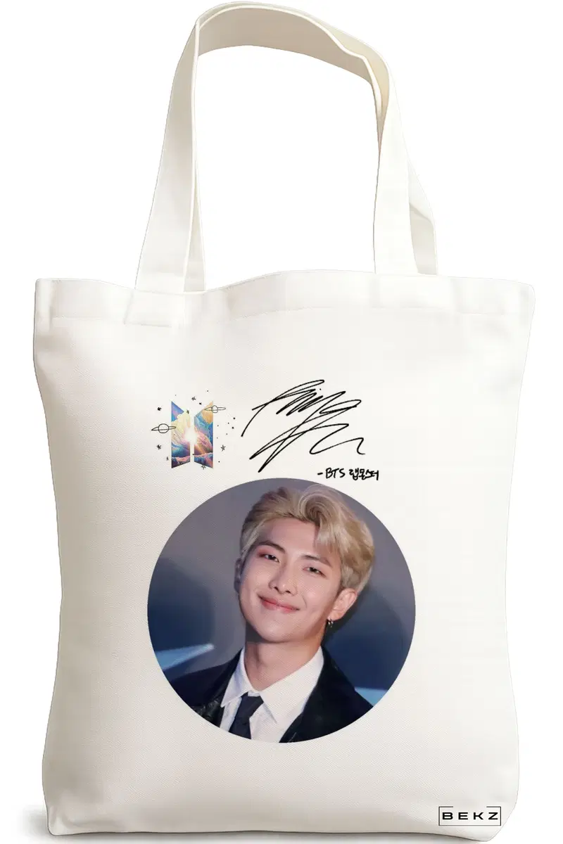 Sacosa Cumparaturi Textila, Geanta Tote, model BTS RM cu semnatura, 38x34.5 cm, Alba, BEKZ®