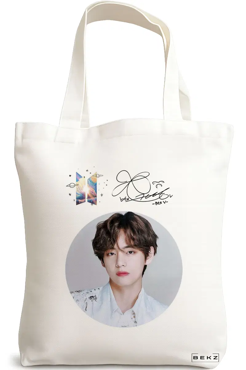 Sacosa Cumparaturi Textila, Geanta Tote, model BTS V cu semnatura, 38x34.5 cm, Alba, BEKZ®