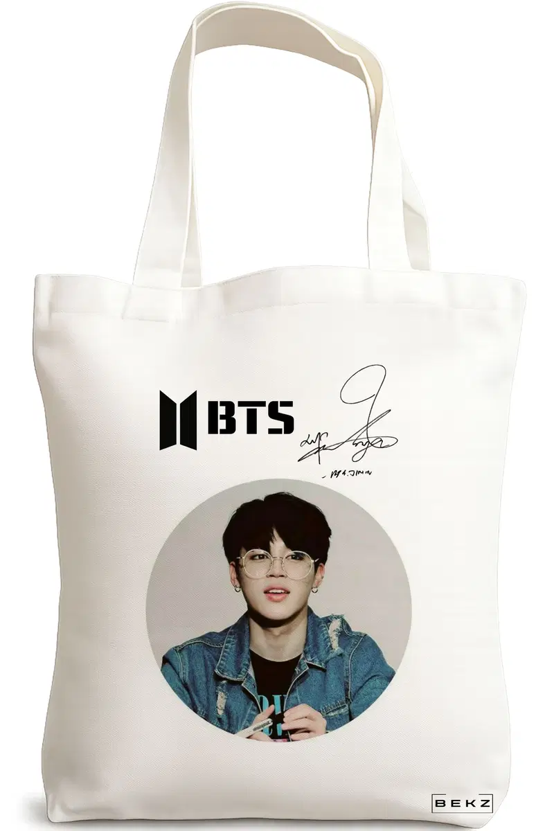 Sacosa Cumparaturi Textila, Geanta Tote, model BTS Jimin cu semnatura, 38x34.5 cm, Alba, BEKZ®