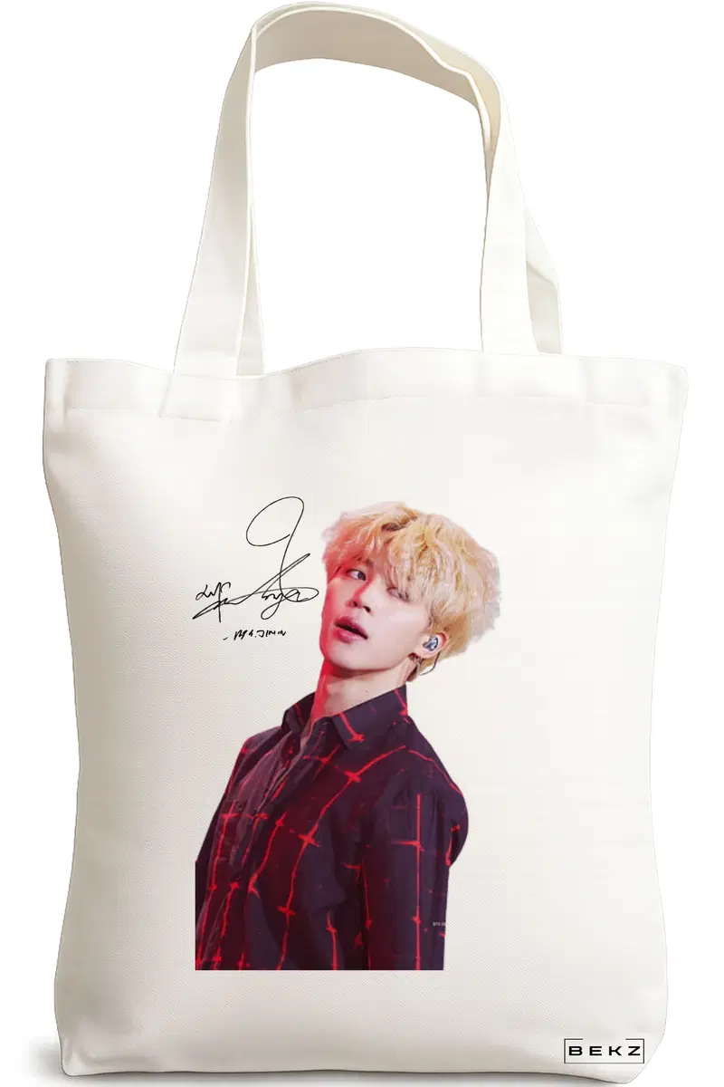 Sacosa Cumparaturi Textila, Geanta Tote, model BTS Jimin cu semnatura 2, 38x34.5 cm, Alba, BEKZ®
