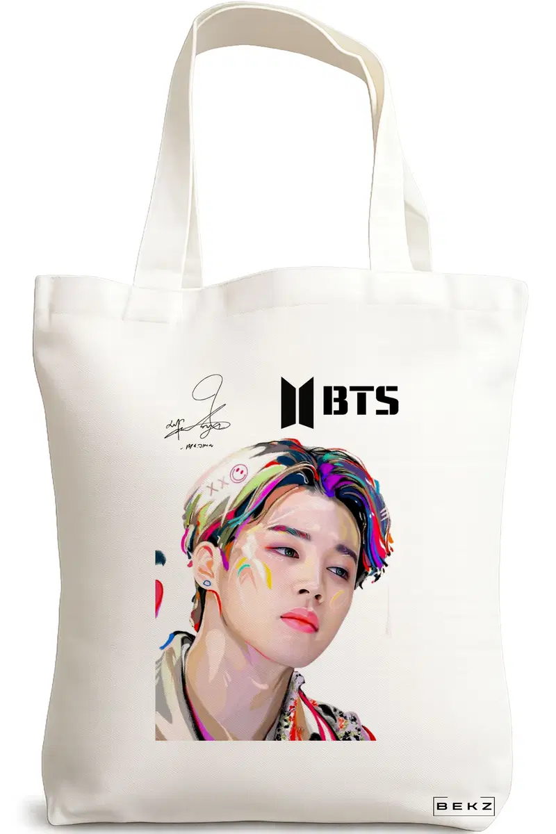 Sacosa Cumparaturi Textila, Geanta Tote, model BTS Jimin cu semnatura 3, 38x34.5 cm, Alba, BEKZ®