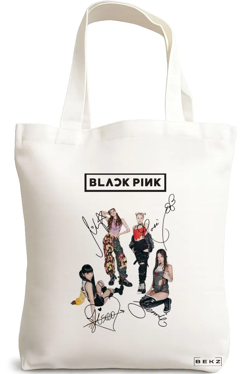 Sacosa Cumparaturi Textila, Geanta Tote, model Blackpink 6 cu semnaturii, 38x34.5 cm, Alba, BEKZ®