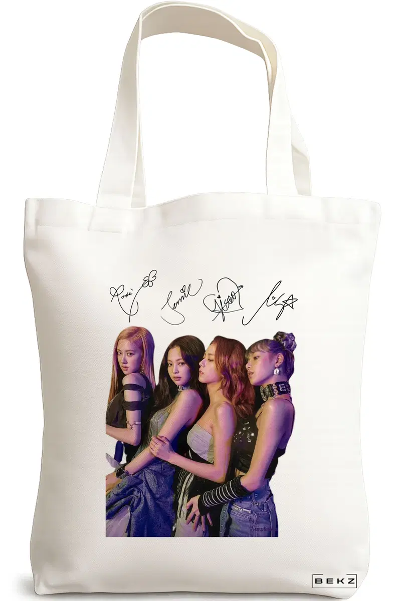 Sacosa Cumparaturi Textila, Geanta Tote, model Blackpink 9 cu semnaturii, 38x34.5 cm, Alba, BEKZ®