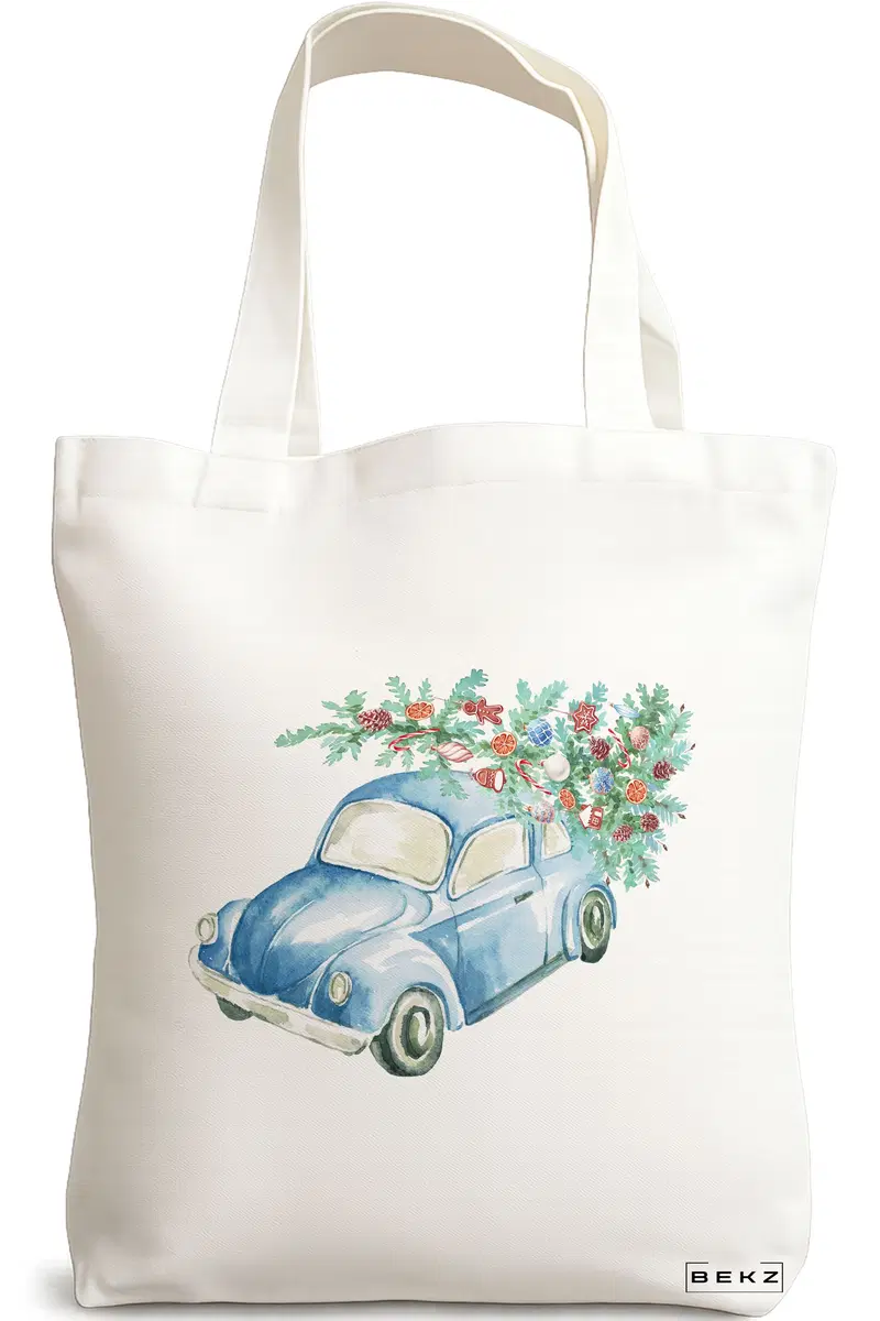 Sacosa Cumparaturi Textila, Geanta Tote, model Watercolor Car, 38x34.5 cm, Alba, BEKZ®