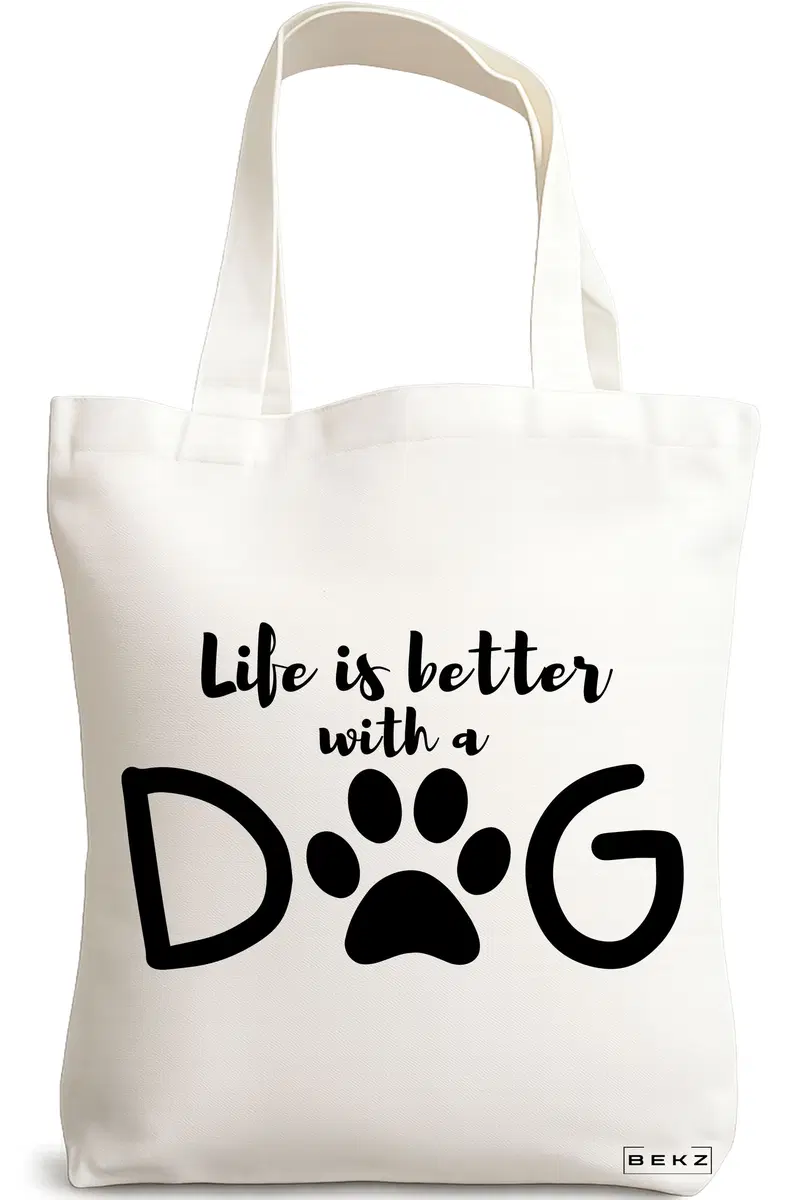 Sacosa Cumparaturi Textila, Geanta Tote, model Life is better with a doggo, 38x34.5 cm, Alba, BEKZ®