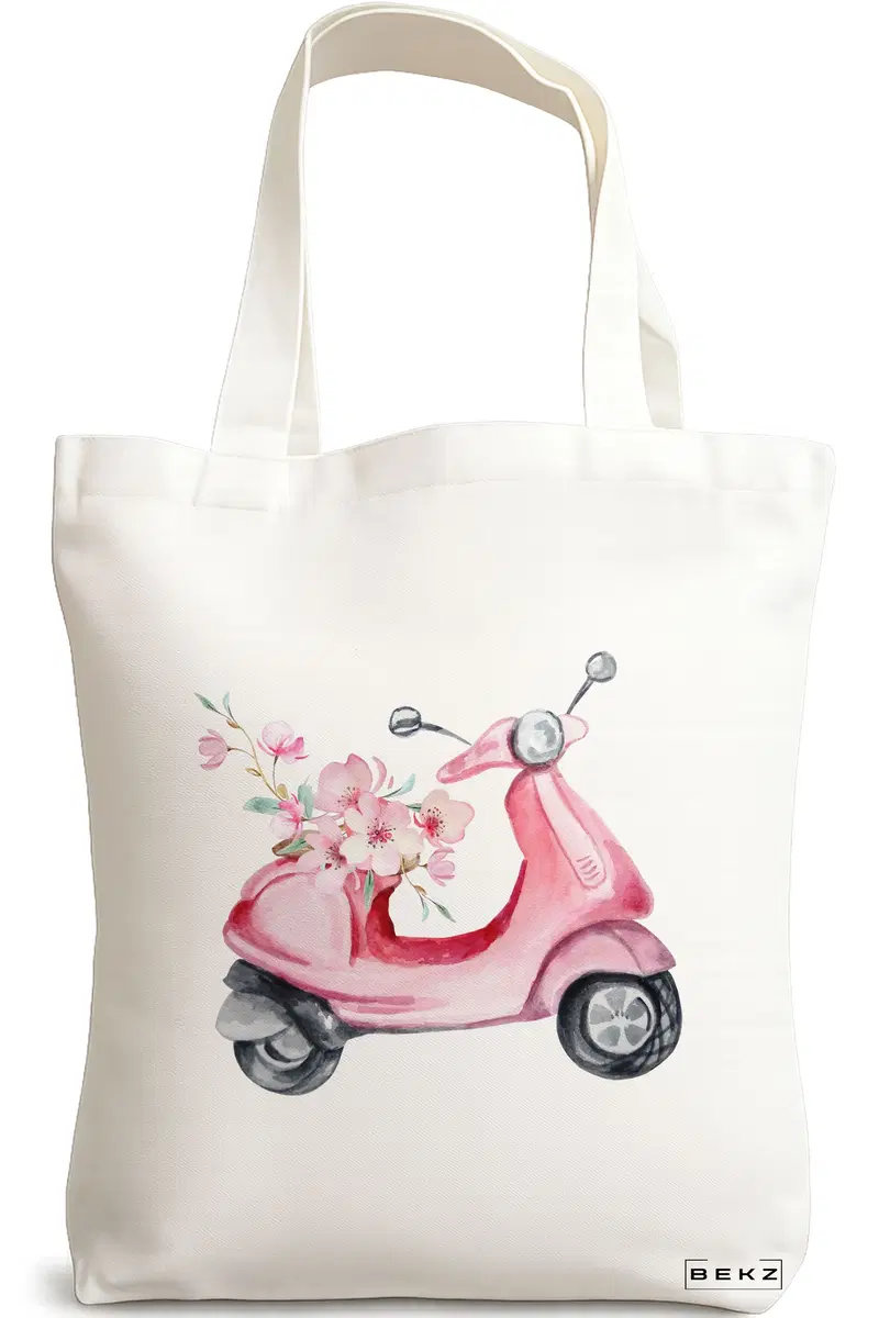Sacosa Cumparaturi Textila, Geanta Tote, model Rose flower Bike, 38x34.5 cm, Alba, BEKZ®