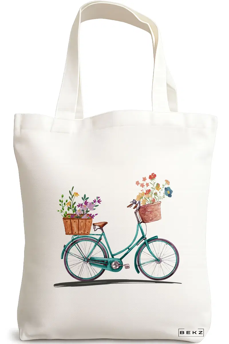Sacosa Cumparaturi Textila, Geanta Tote, model Artistic Bicycle, 38x34.5 cm, Alba, BEKZ®