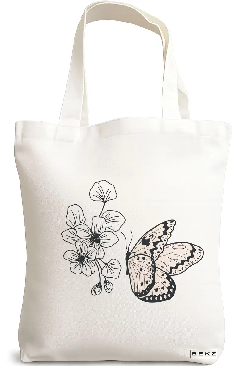 Sacosa Cumparaturi Textila, Geanta Tote, model Minimalist Butterfly, 38x34.5 cm, Alba, BEKZ®
