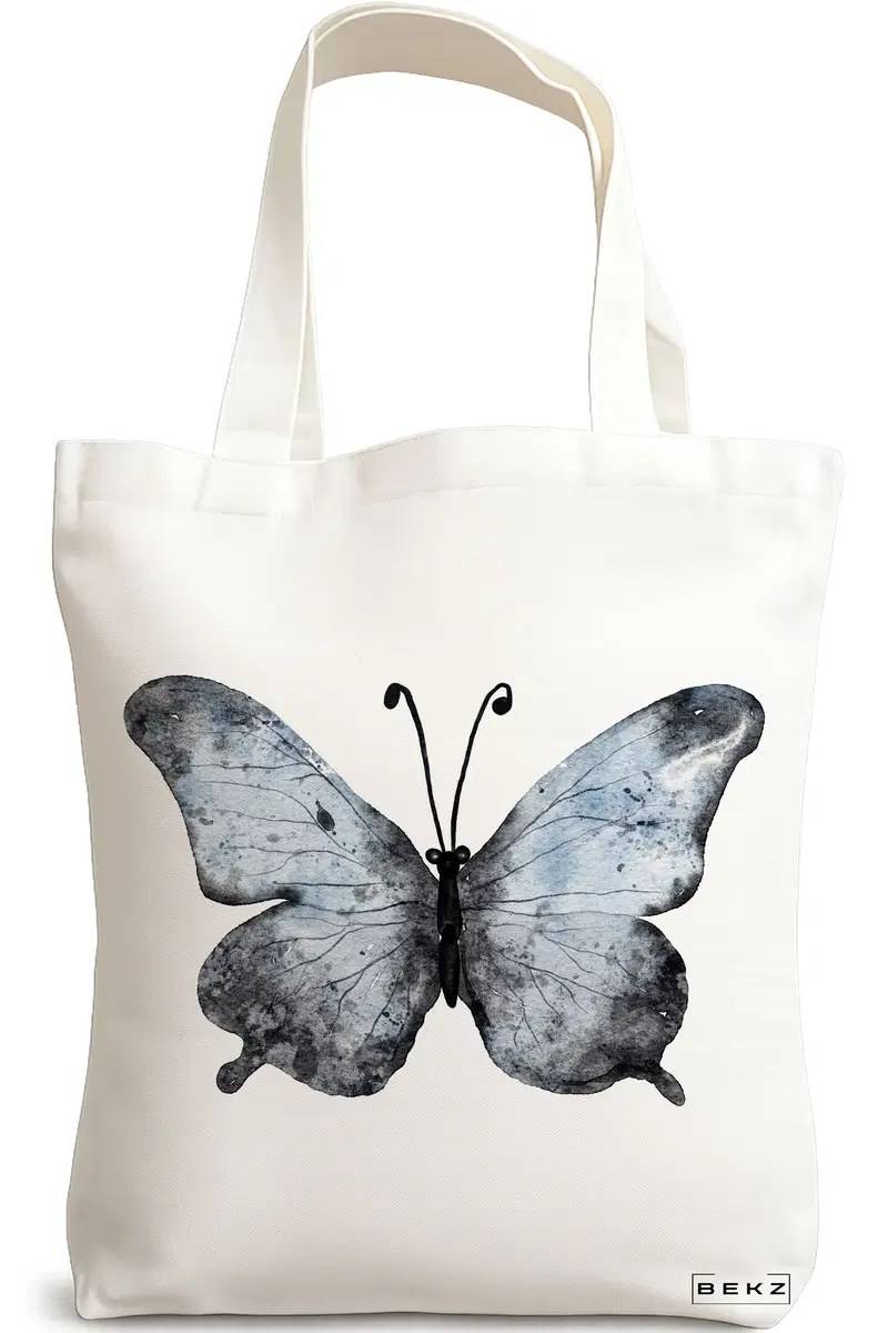 Sacosa Cumparaturi Textila, Geanta Tote, model Watercolor Butterfly 2, 38x34.5 cm, Alba, BEKZ®
