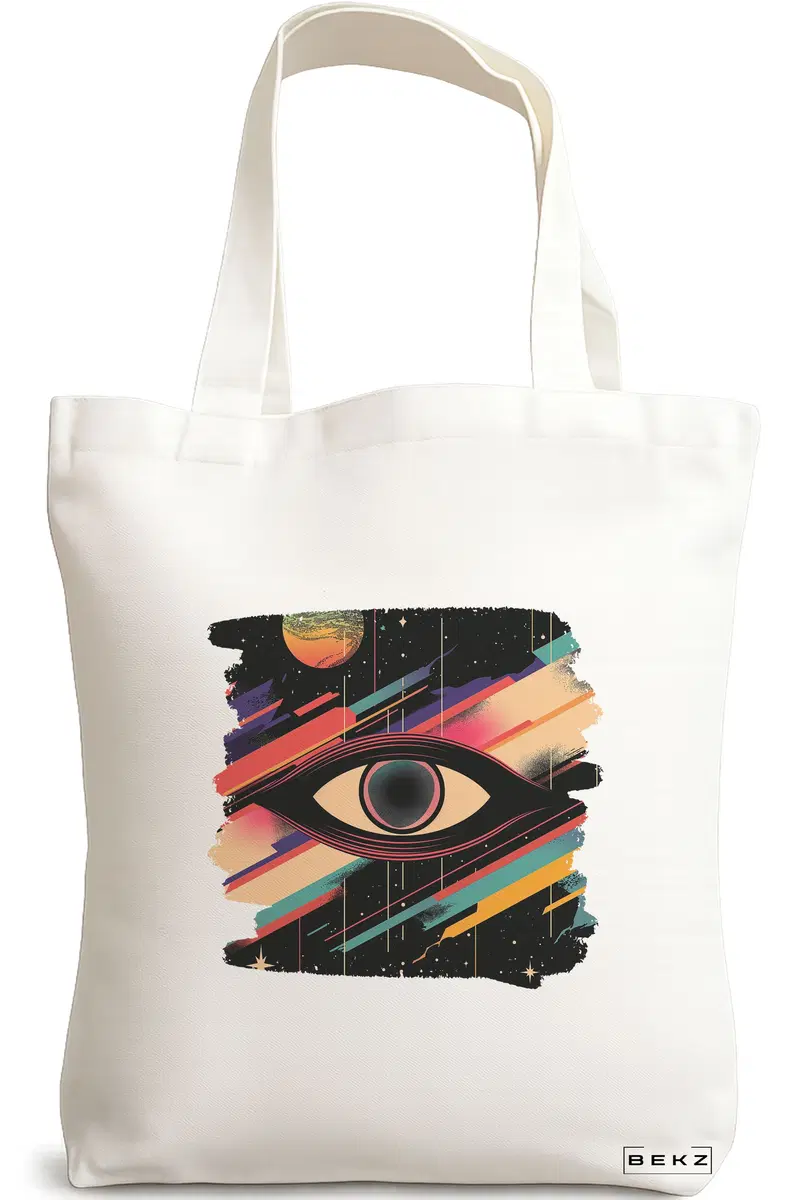 Sacosa Cumparaturi Textila, Geanta Tote, model Celestial Eye 1, 38x34.5 cm, Alba, BEKZ®