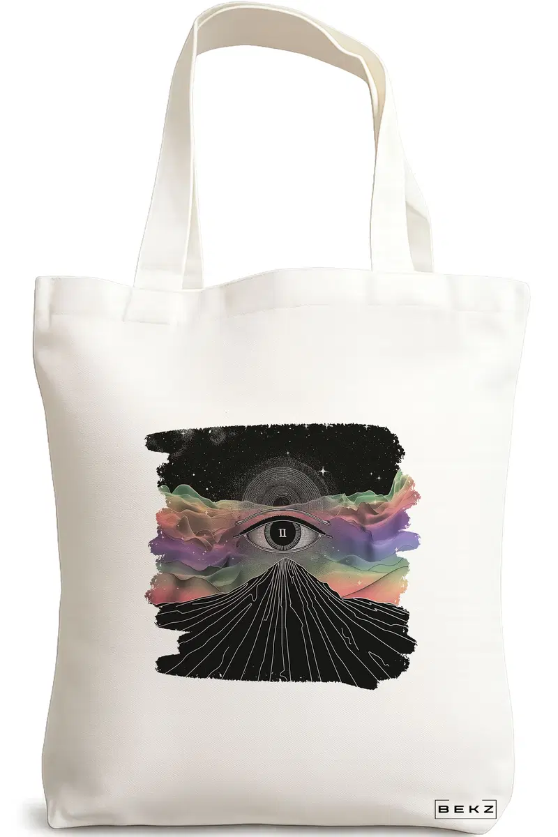 Sacosa Cumparaturi Textila, Geanta Tote, model Celestial Eye 3, 38x34.5 cm, Alba, BEKZ®