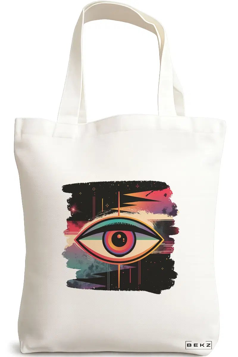 Sacosa Cumparaturi Textila, Geanta Tote, model Celestial Eye 8, 38x34.5 cm, Alba, BEKZ®