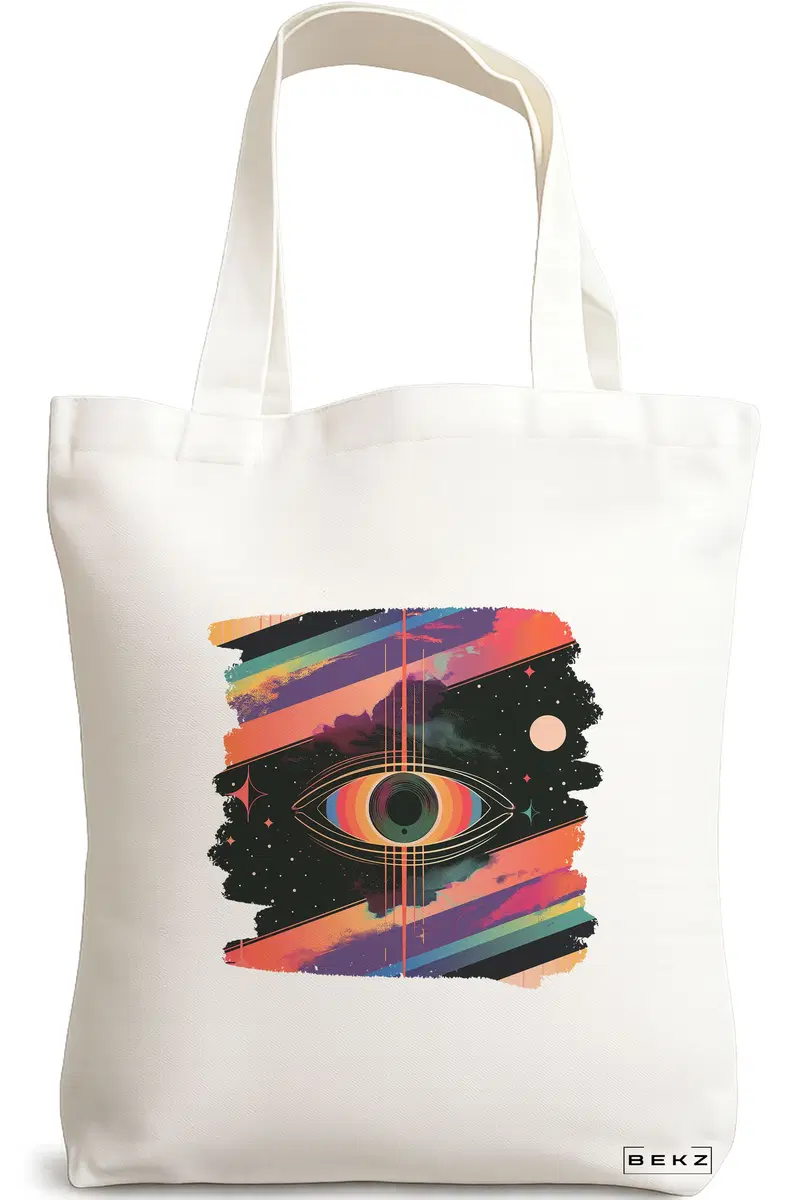Sacosa Cumparaturi Textila, Geanta Tote, model Celestial Eye 11, 38x34.5 cm, Alba, BEKZ®