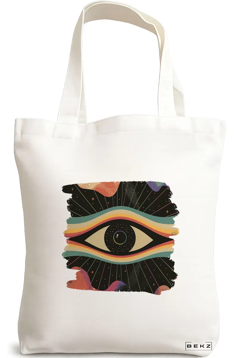 Sacosa Cumparaturi Textila, Geanta Tote, model Celestial Eye 14, 38x34.5 cm, Alba, BEKZ®