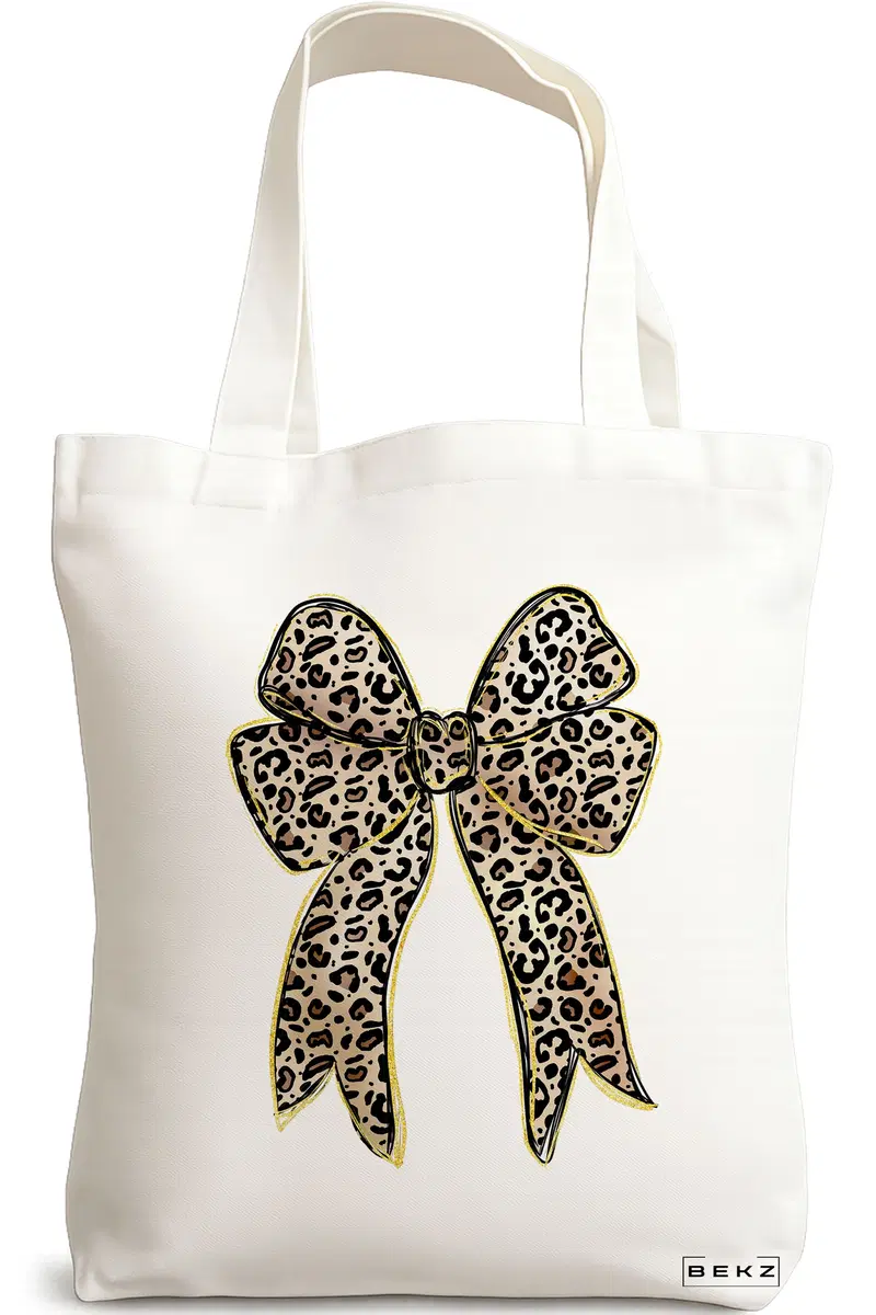 Sacosa Cumparaturi Textila, Geanta Tote, model Leopard Bow, 38x34.5 cm, Alba, BEKZ®
