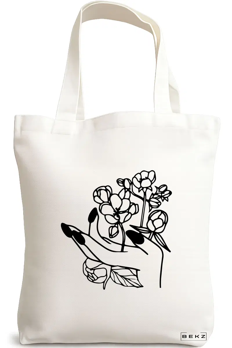 Sacosa Cumparaturi Textila, Geanta Tote, model Floral Hand, 38x34.5 cm, Alba, BEKZ®