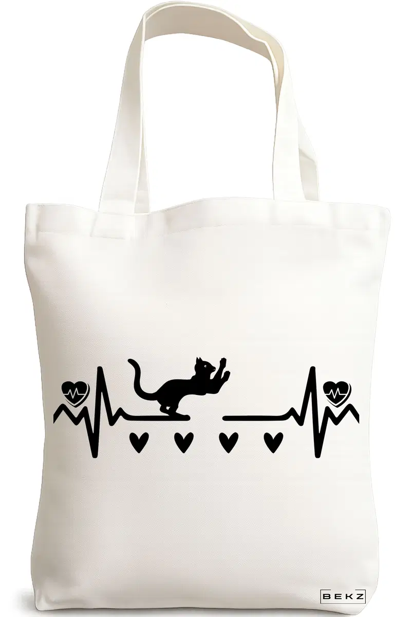 Sacosa Cumparaturi Textila, Geanta Tote, model Cat Love 2, 38x34.5 cm, Alba, BEKZ®