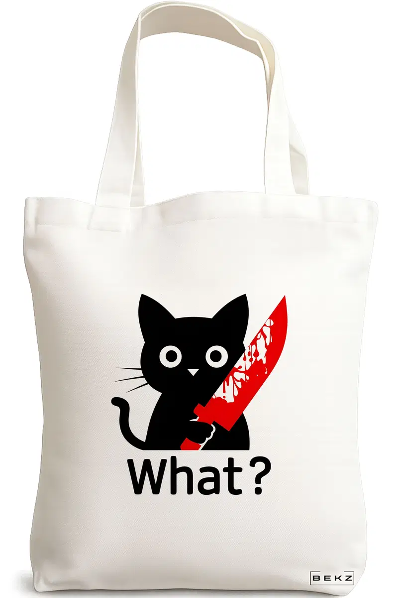 Sacosa Cumparaturi Textila, Geanta Tote, model Funny Black Cat, 38x34.5 cm, Alba, BEKZ®
