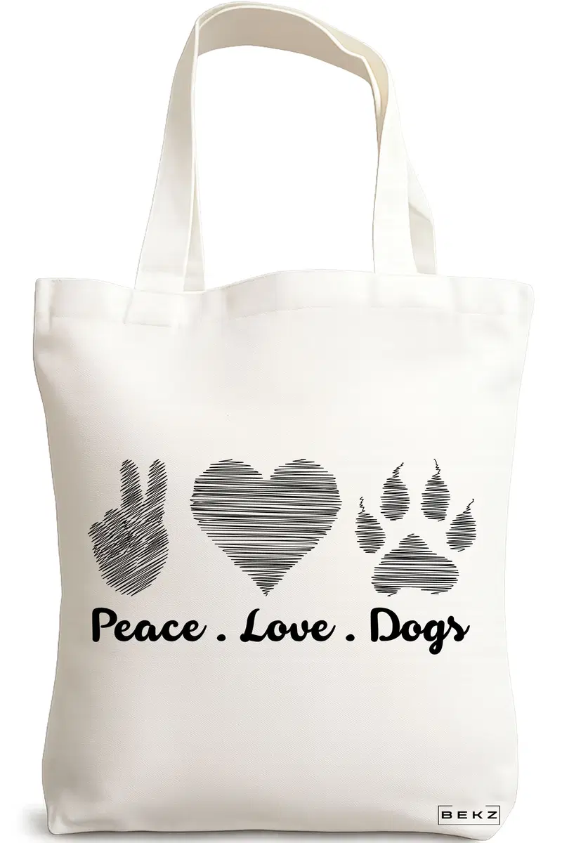 Sacosa Cumparaturi Textila, Geanta Tote, model Peace Love Dogs, 38x34.5 cm, Alba, BEKZ®