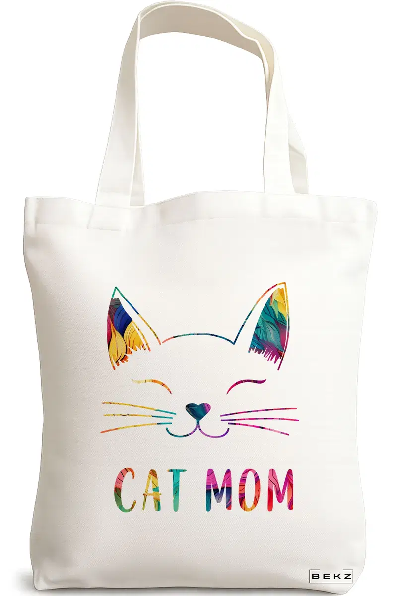 Sacosa Cumparaturi Textila, Geanta Tote, model Cat Mom, 38x34.5 cm, Alba, BEKZ®