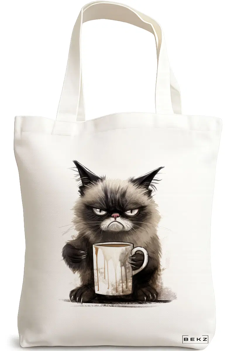 Sacosa Cumparaturi Textila, Geanta Tote, model Lazy Cat, 38x34.5 cm, Alba, BEKZ®